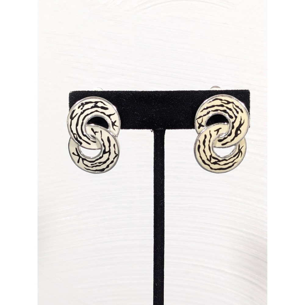 Retro Silver Tone Enamel Figure Eight Clip On Statement Earrings Abstract